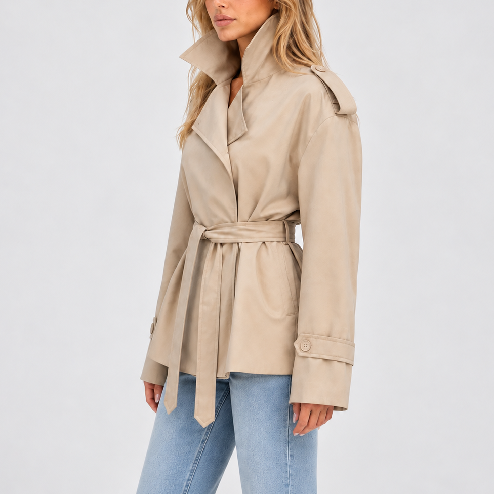 Women's Short Double-Breasted Trench Coat with Belt