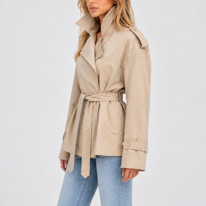 Women's Short Double-Breasted Trench Coat with Belt