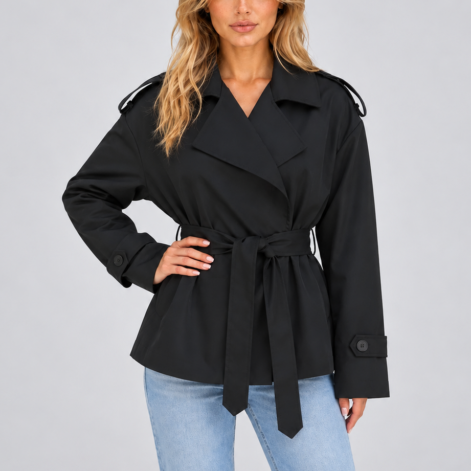 Women's Short Double-Breasted Trench Coat with Belt