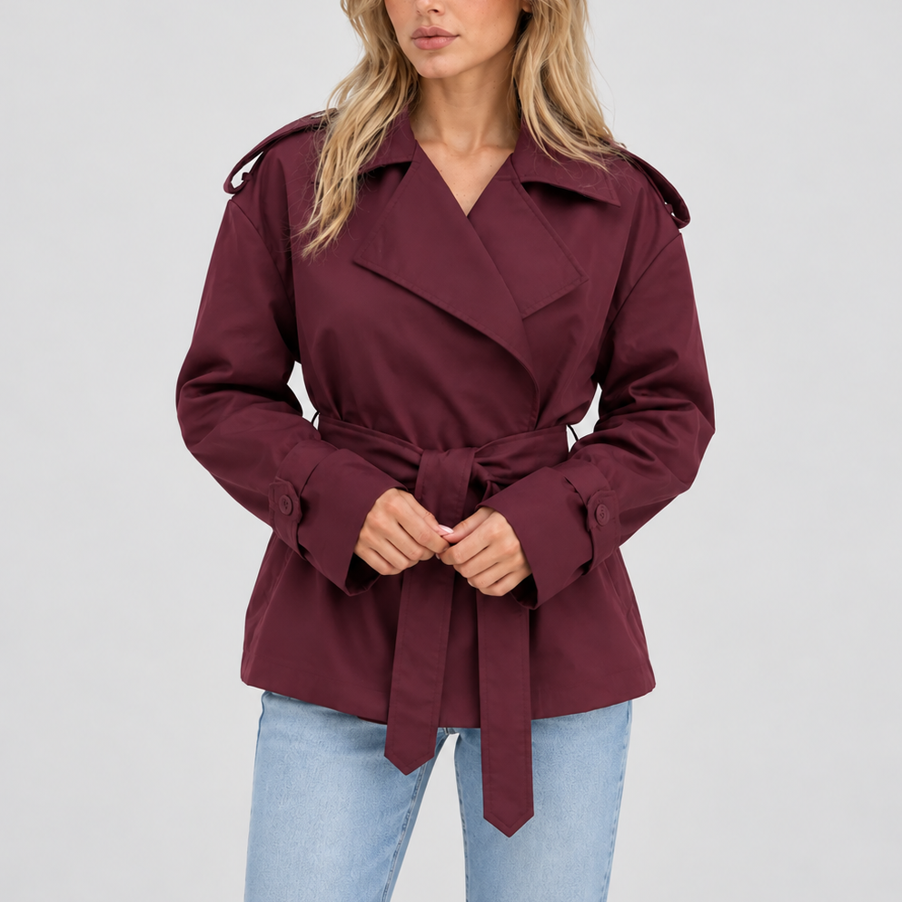 Women's Short Double-Breasted Trench Coat with Belt