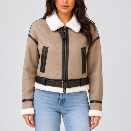 Women's Cropped Aviator Jacket with Teddy Lining