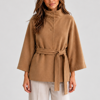 Women's Belted Cape Jacket with Stand Collar