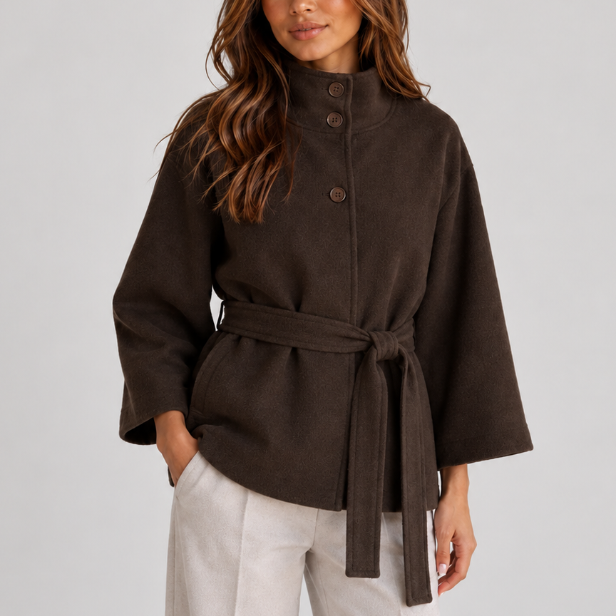 Women's Belted Cape Jacket with Stand Collar