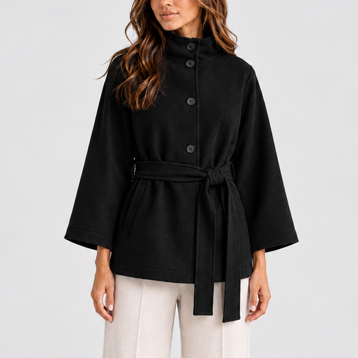 Women's Belted Cape Jacket with Stand Collar