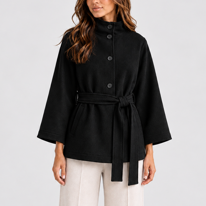 Women's Belted Cape Jacket with Stand Collar