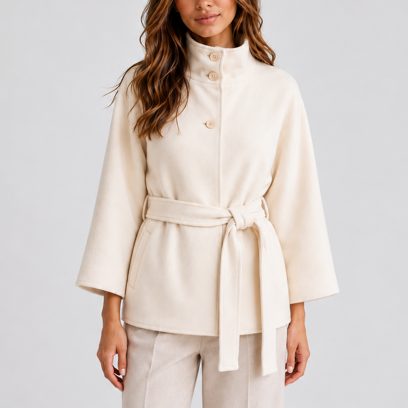 Women's Belted Cape Jacket with Stand Collar