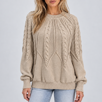 Women's Cable Knit Crew Neck Sweater with Balloon Sleeves