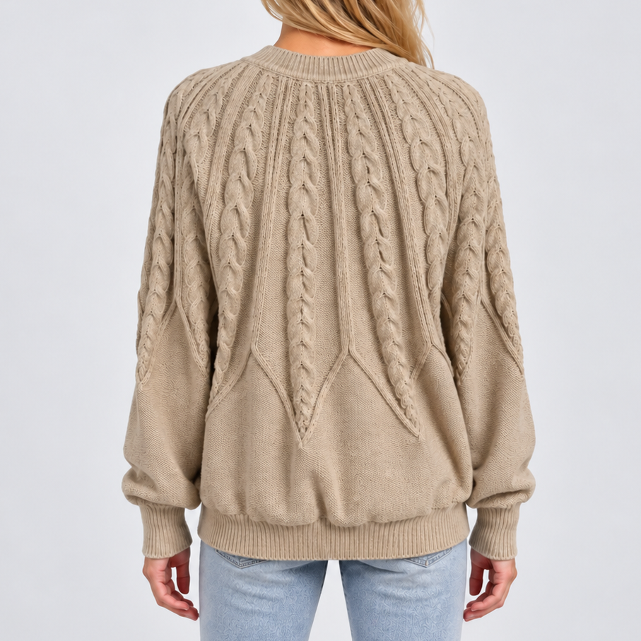 Women's Cable Knit Crew Neck Sweater with Balloon Sleeves