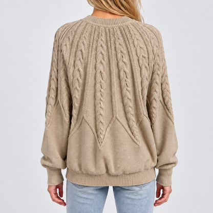 Women's Cable Knit Crew Neck Sweater with Balloon Sleeves