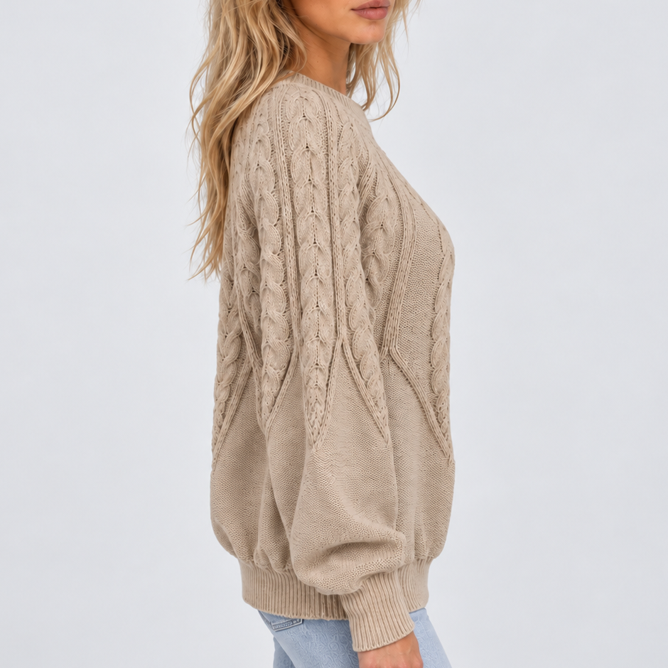 Women's Cable Knit Crew Neck Sweater with Balloon Sleeves