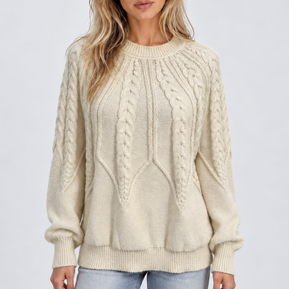 Women's Cable Knit Crew Neck Sweater with Balloon Sleeves