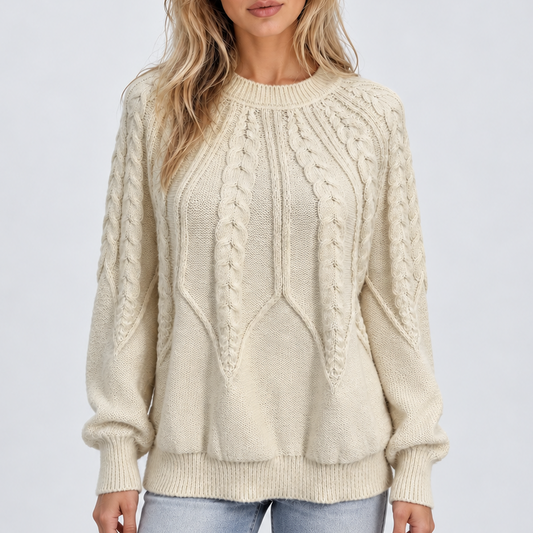 Women's Cable Knit Crew Neck Sweater with Balloon Sleeves