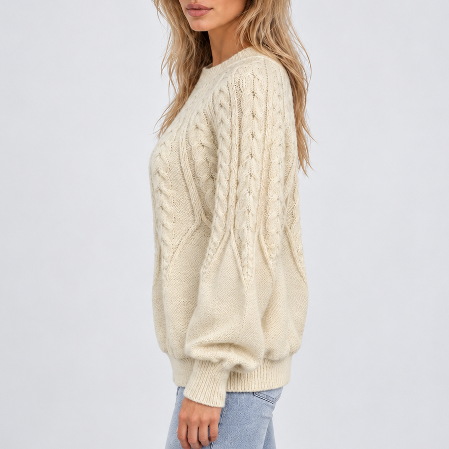 Women's Cable Knit Crew Neck Sweater with Balloon Sleeves