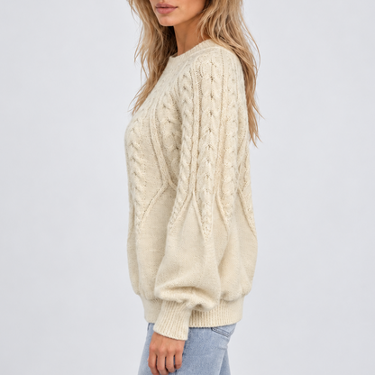 Women's Cable Knit Crew Neck Sweater with Balloon Sleeves