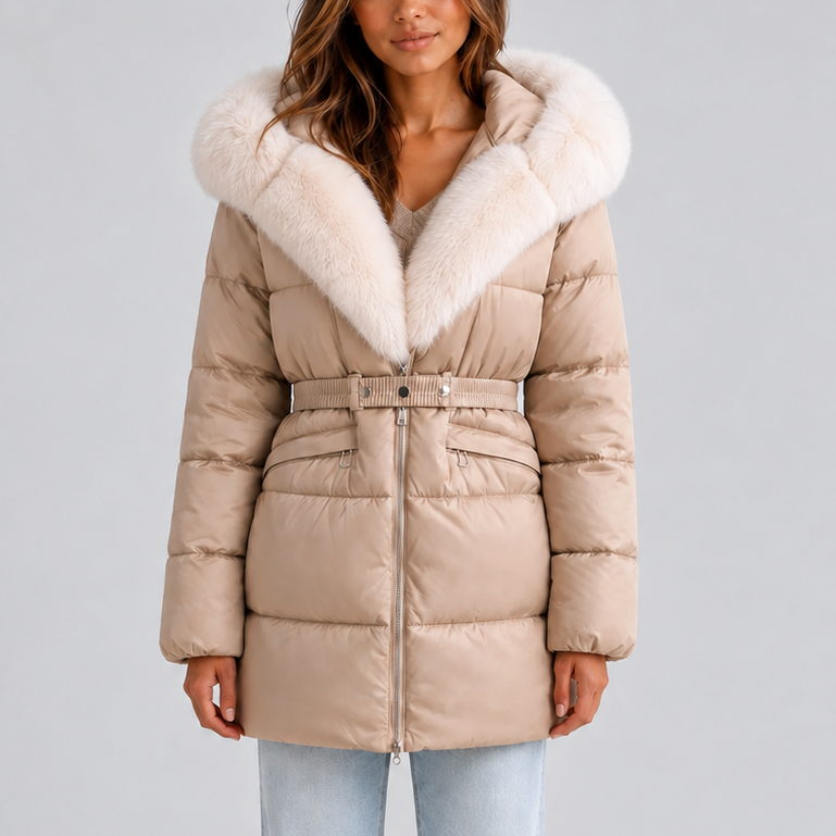 Women's Hooded Puffer Coat with Faux Fur Trim and Belt