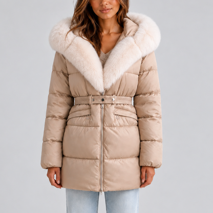 Women's Hooded Puffer Coat with Faux Fur Trim and Belt