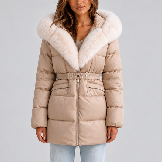 Women's Hooded Puffer Coat with Faux Fur Trim and Belt