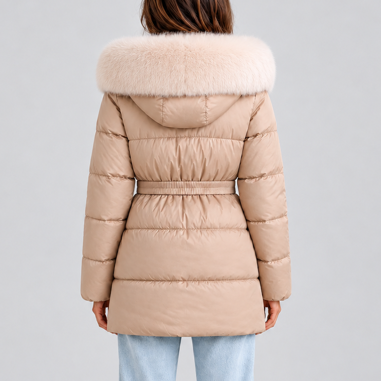 Women's Hooded Puffer Coat with Faux Fur Trim and Belt