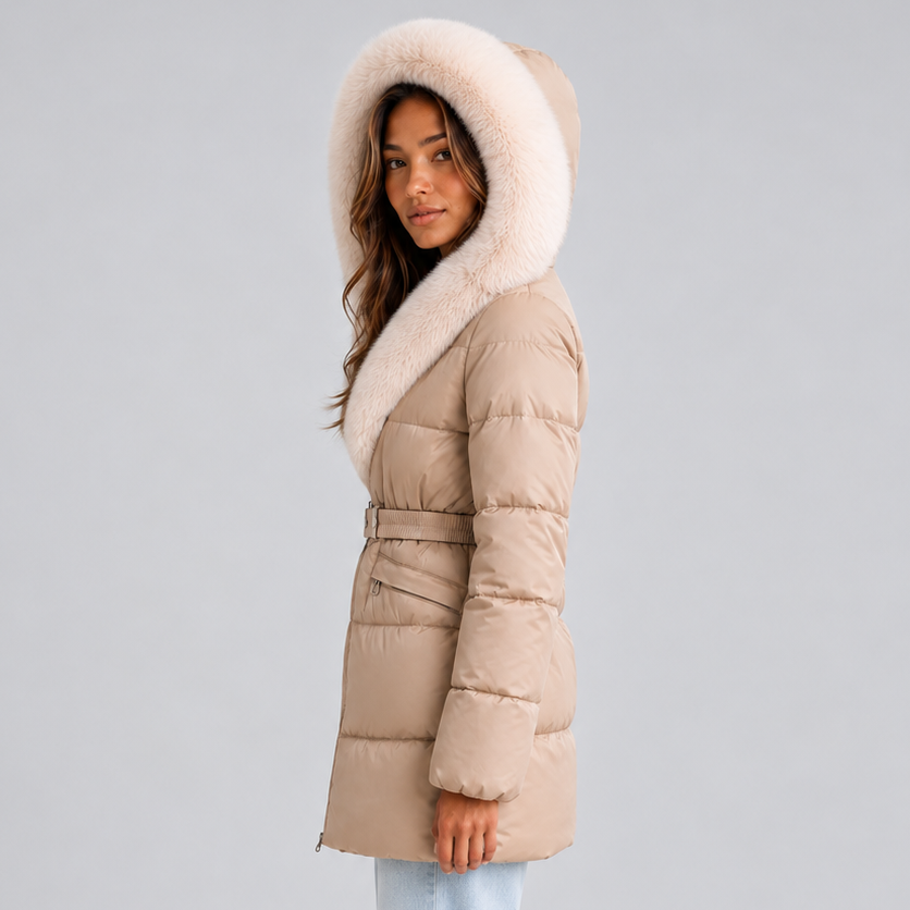 Women's Hooded Puffer Coat with Faux Fur Trim and Belt