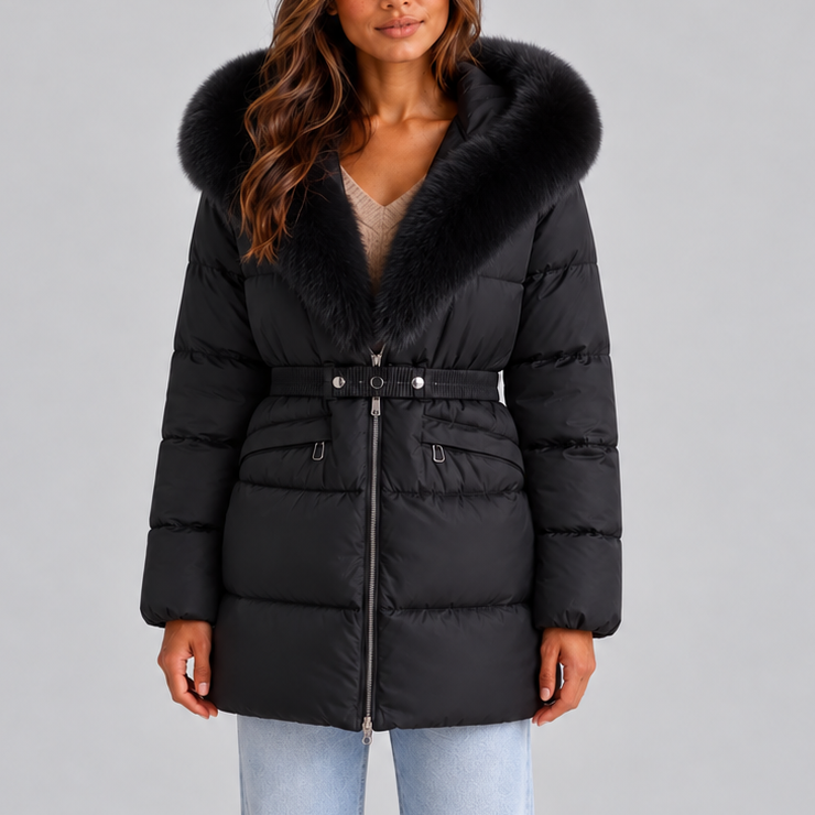 Women's Hooded Puffer Coat with Faux Fur Trim and Belt