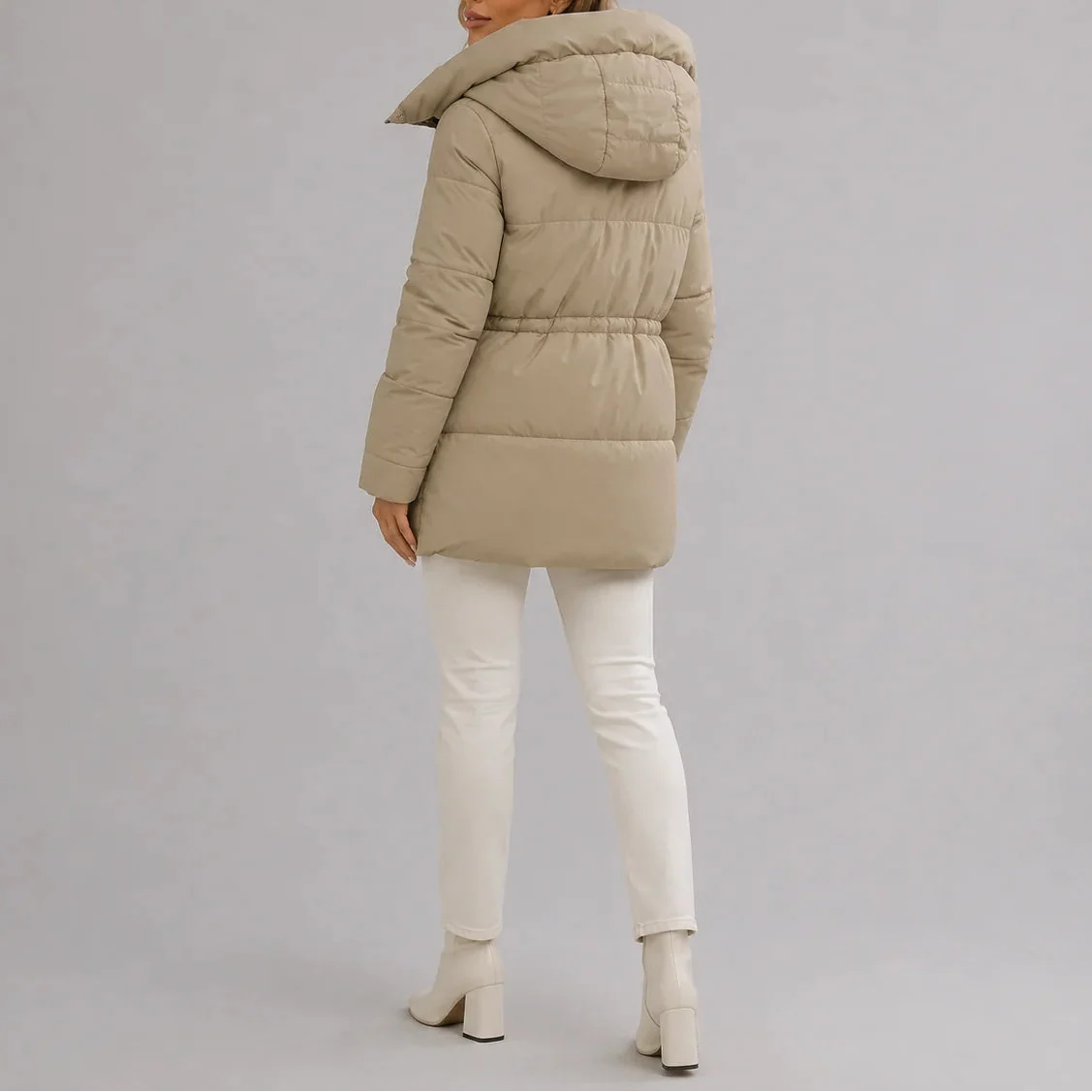 Women's Hooded Puffer Coat with Drawstring Waist and Zip Pockets