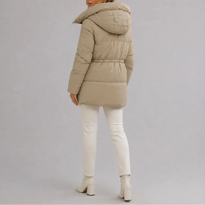 Women's Hooded Puffer Coat with Drawstring Waist and Zip Pockets