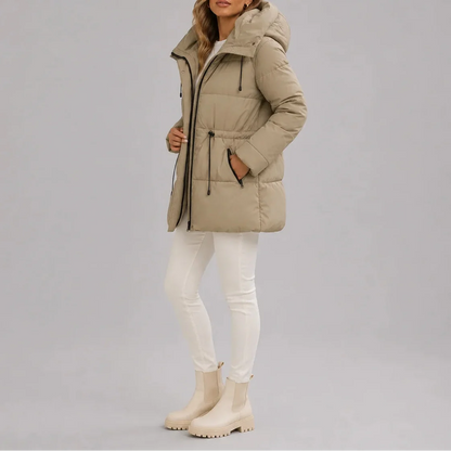 Women's Hooded Puffer Coat with Drawstring Waist and Zip Pockets