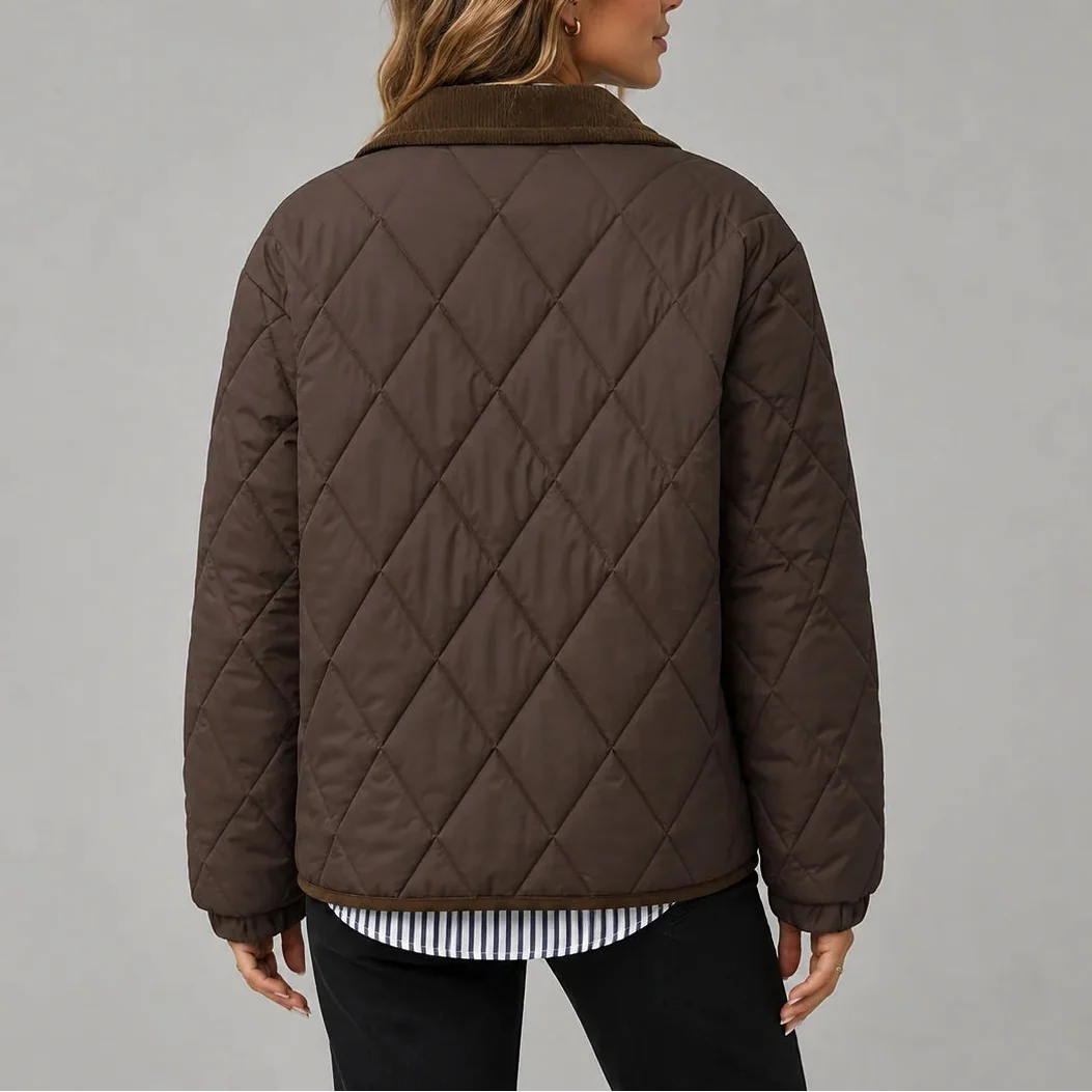 Women's Diamond Quilted Jacket with Corduroy Collar and Pockets