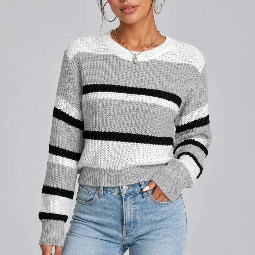 Women's Striped Crew Neck Knitted Sweater