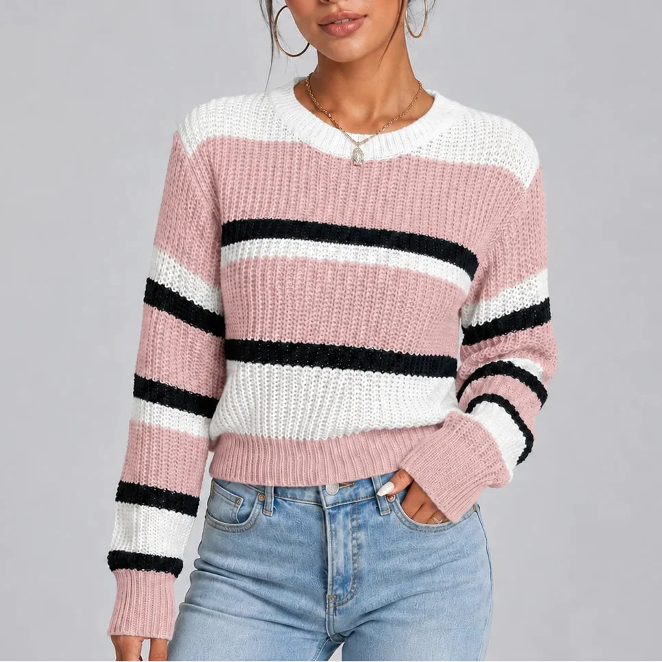 Women's Striped Crew Neck Knitted Sweater