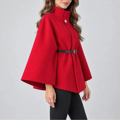 Women's Elegant High Neck Cape Coat – Belted Wool Look Jacket