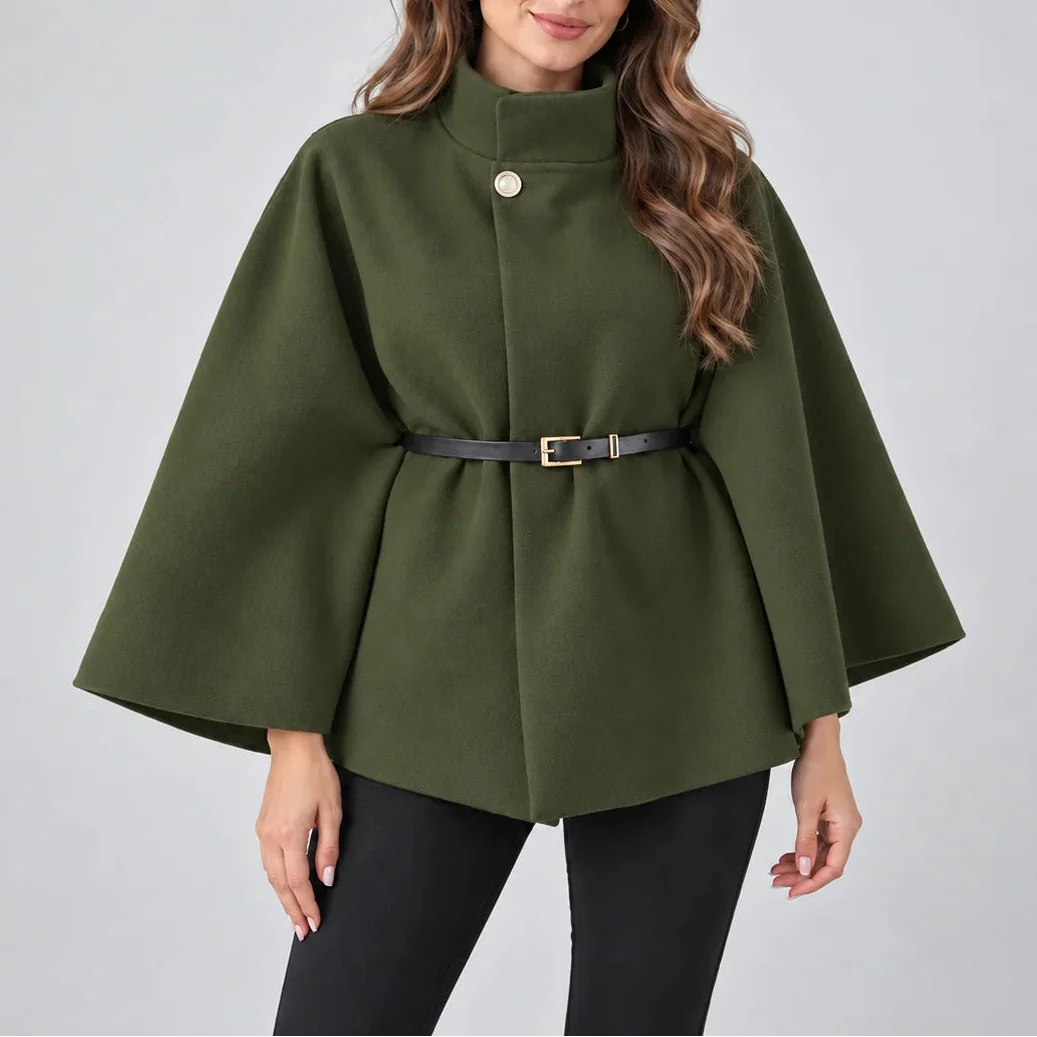 Women's Elegant High Neck Cape Coat – Belted Wool Look Jacket