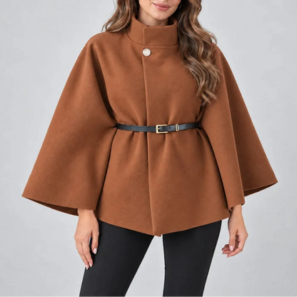 Women's Elegant High Neck Cape Coat – Belted Wool Look Jacket