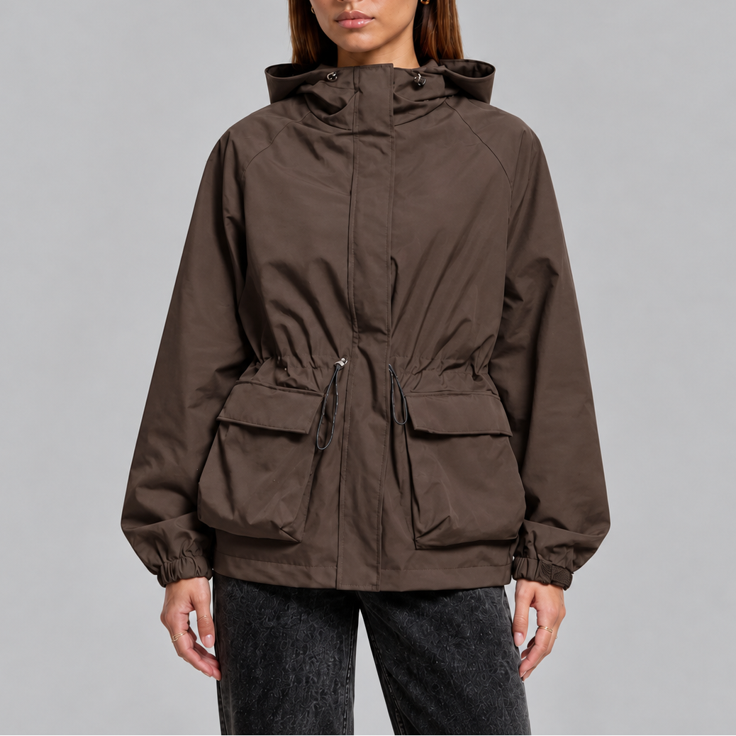 Women's Waterproof Hooded Jacket with Adjustable Drawstring Waist