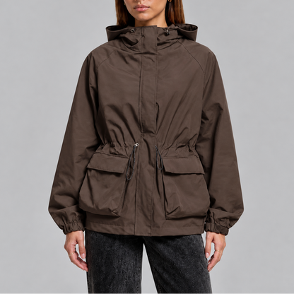 Women's Waterproof Hooded Jacket with Adjustable Drawstring Waist