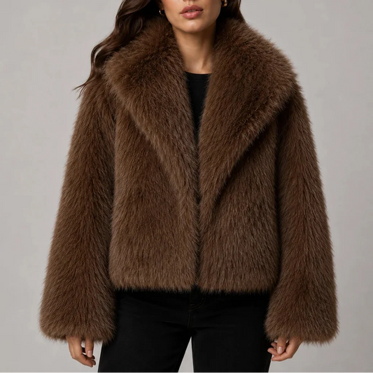 Women's Cropped Faux Fur Jacket with Oversized Collar