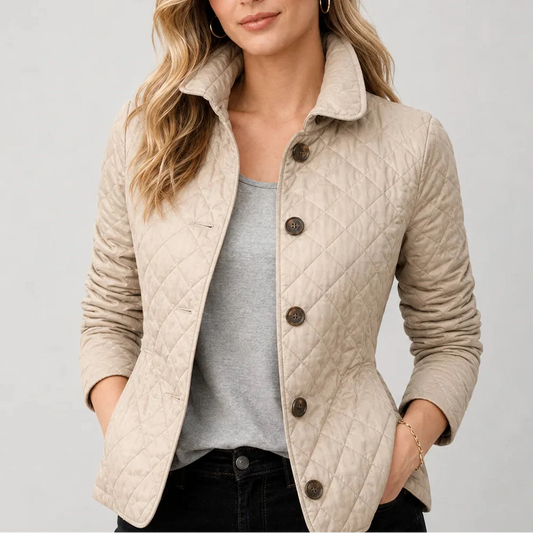Women's Quilted Jacket - Button-Up Lightweight Coat with Stand Collar