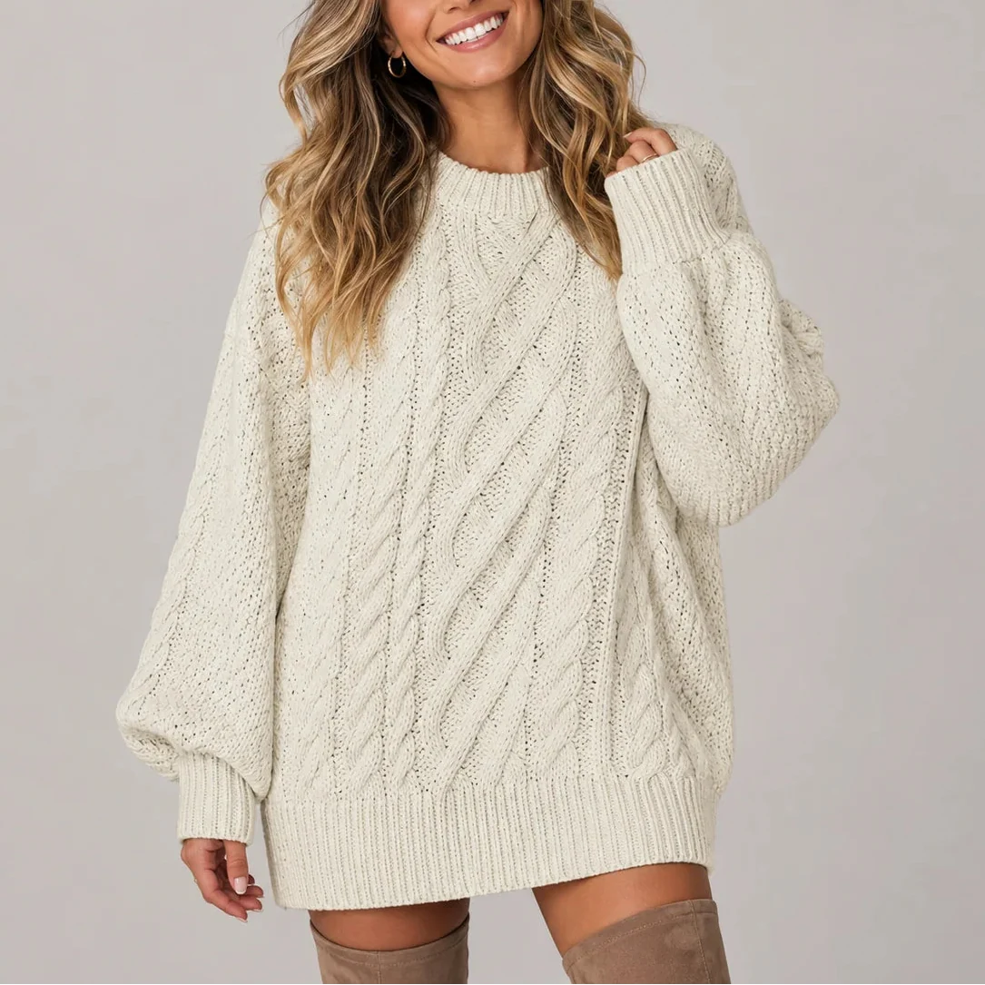 Women's Oversized Cable Knit Jumper Dress with Long Sleeves