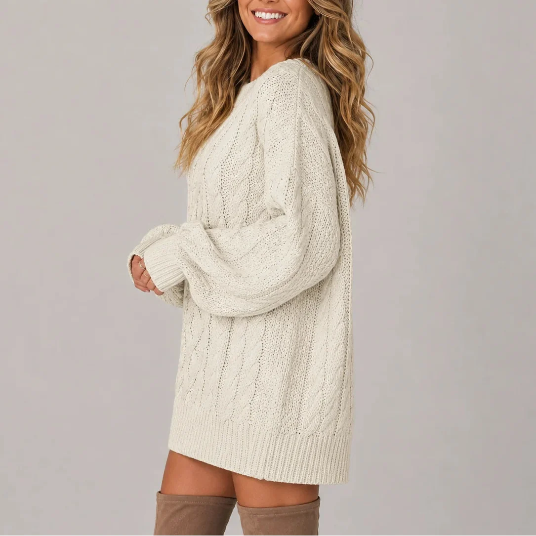 Women's Oversized Cable Knit Jumper Dress with Long Sleeves