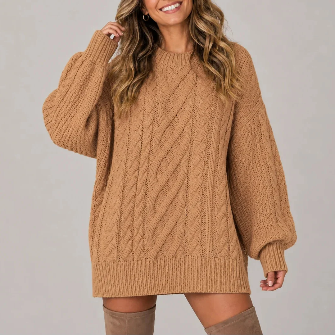 Women's Oversized Cable Knit Jumper Dress with Long Sleeves