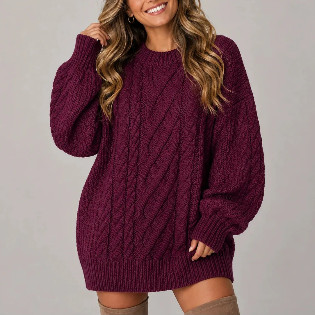 Women's Oversized Cable Knit Jumper Dress with Long Sleeves