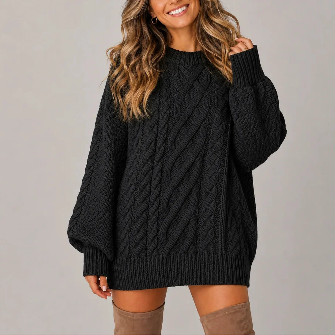 Women's Oversized Cable Knit Jumper Dress with Long Sleeves