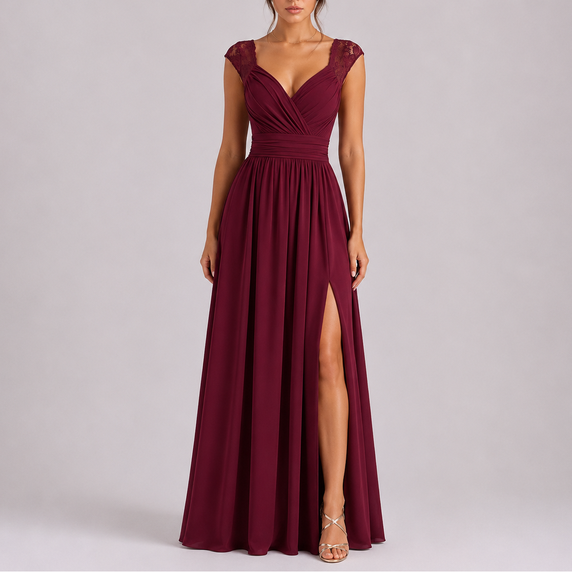 Women's Elegant Lace Shoulder Maxi Dress with Side Slit