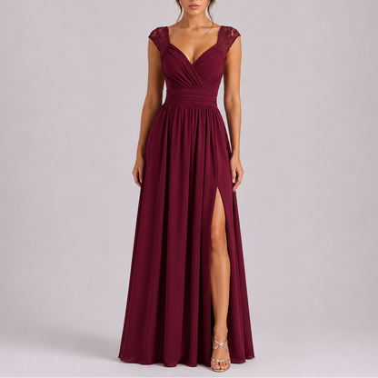 Women's Elegant Lace Shoulder Maxi Dress with Side Slit