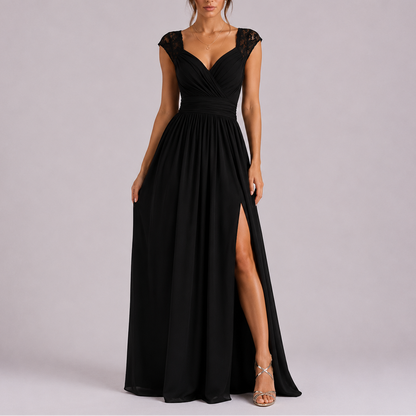 Women's Elegant Lace Shoulder Maxi Dress with Side Slit