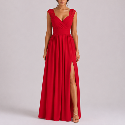 Women's Elegant Lace Shoulder Maxi Dress with Side Slit