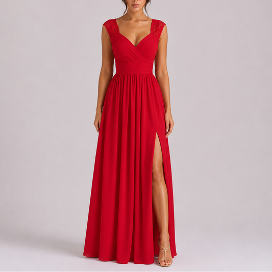 Women's Elegant Lace Shoulder Maxi Dress with Side Slit