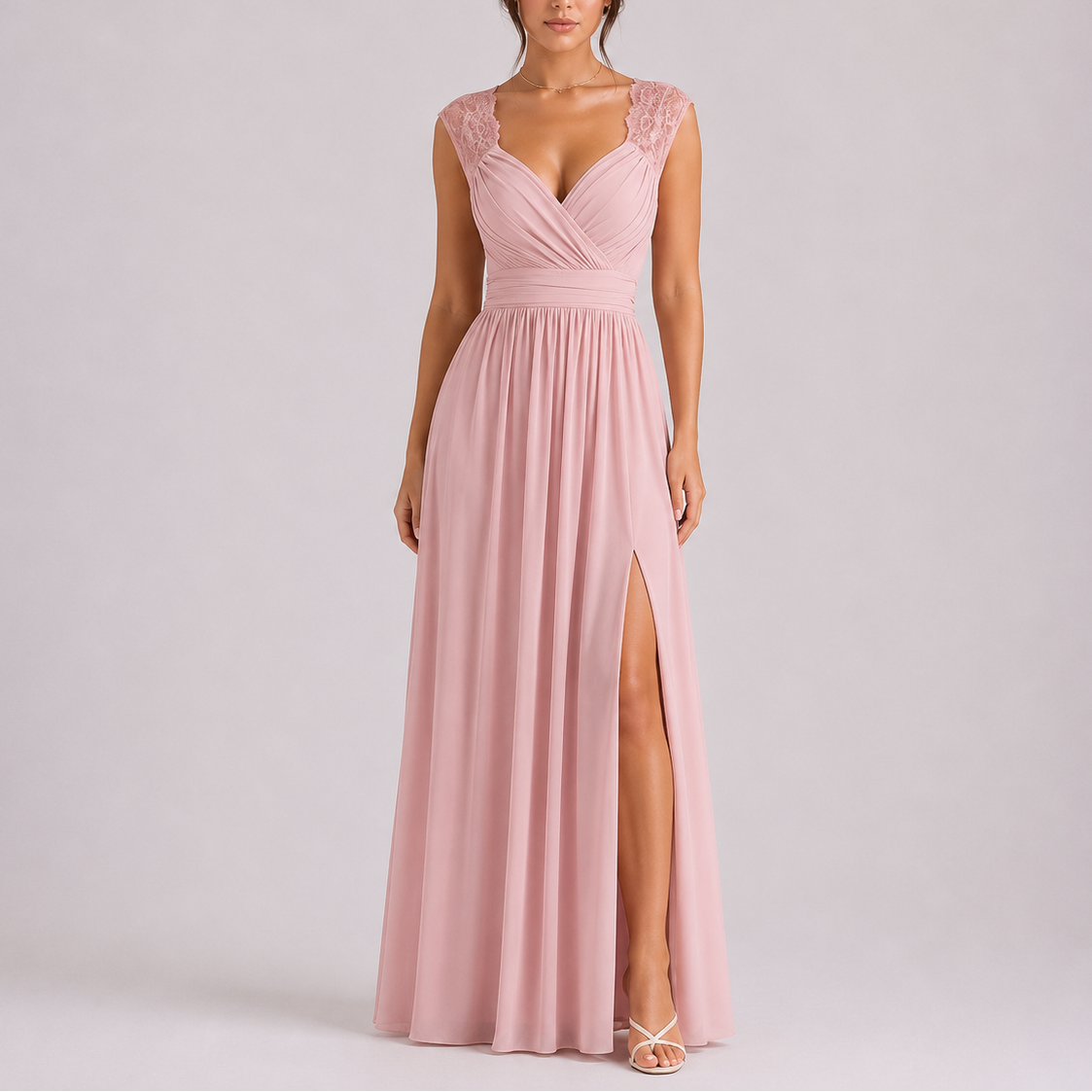 Women's Elegant Lace Shoulder Maxi Dress with Side Slit