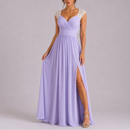 Women's Elegant Lace Shoulder Maxi Dress with Side Slit