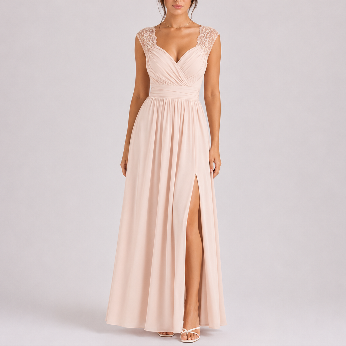 Women's Elegant Lace Shoulder Maxi Dress with Side Slit
